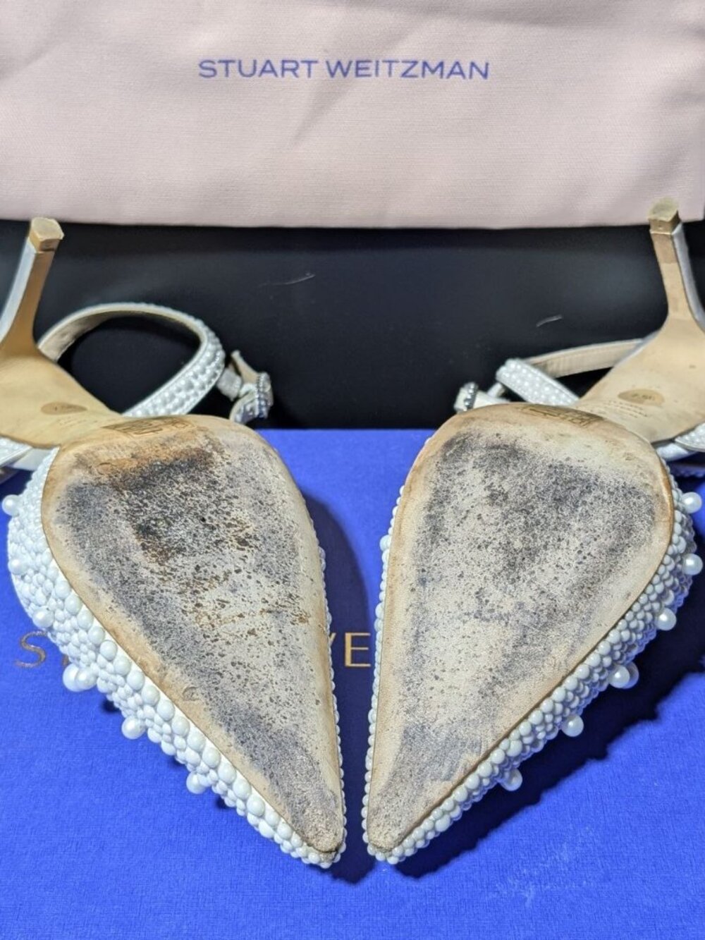 Stuart Weitzman Bliss 85 Pearl-Embellished Satin Pumps Cream/Natural US Size 7.5 - Picture 9 of 16